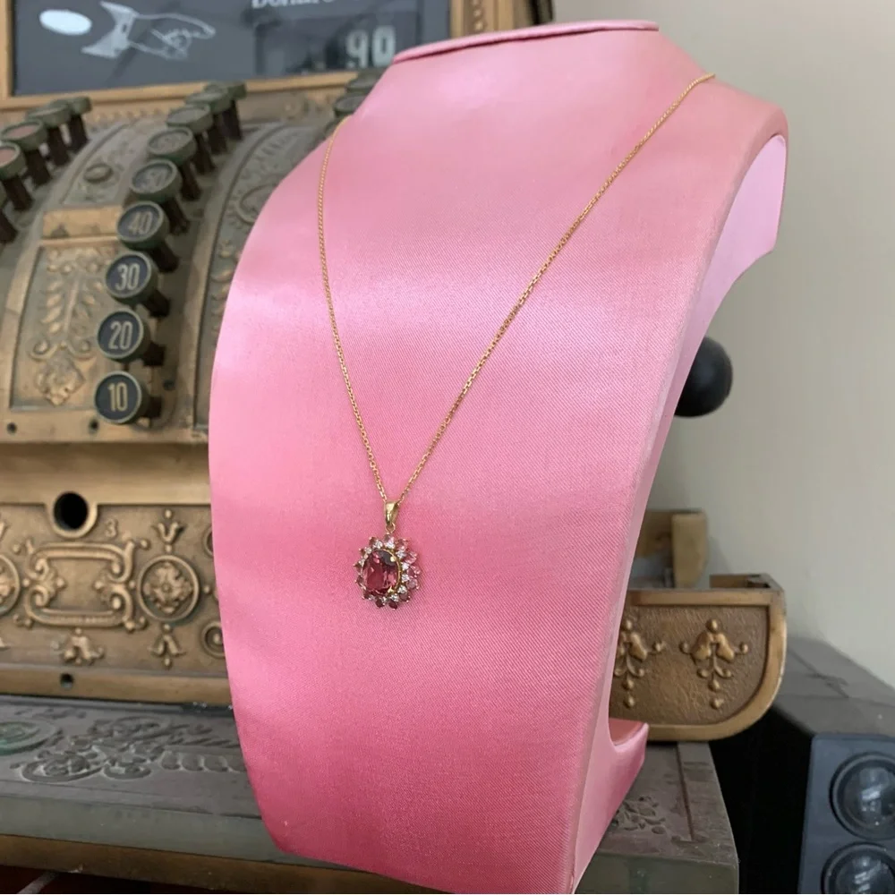 Pink Tourmaline & Diamond 14K YG SUNBURST Pendant w/ 18” Chain - Picture 6 of 10